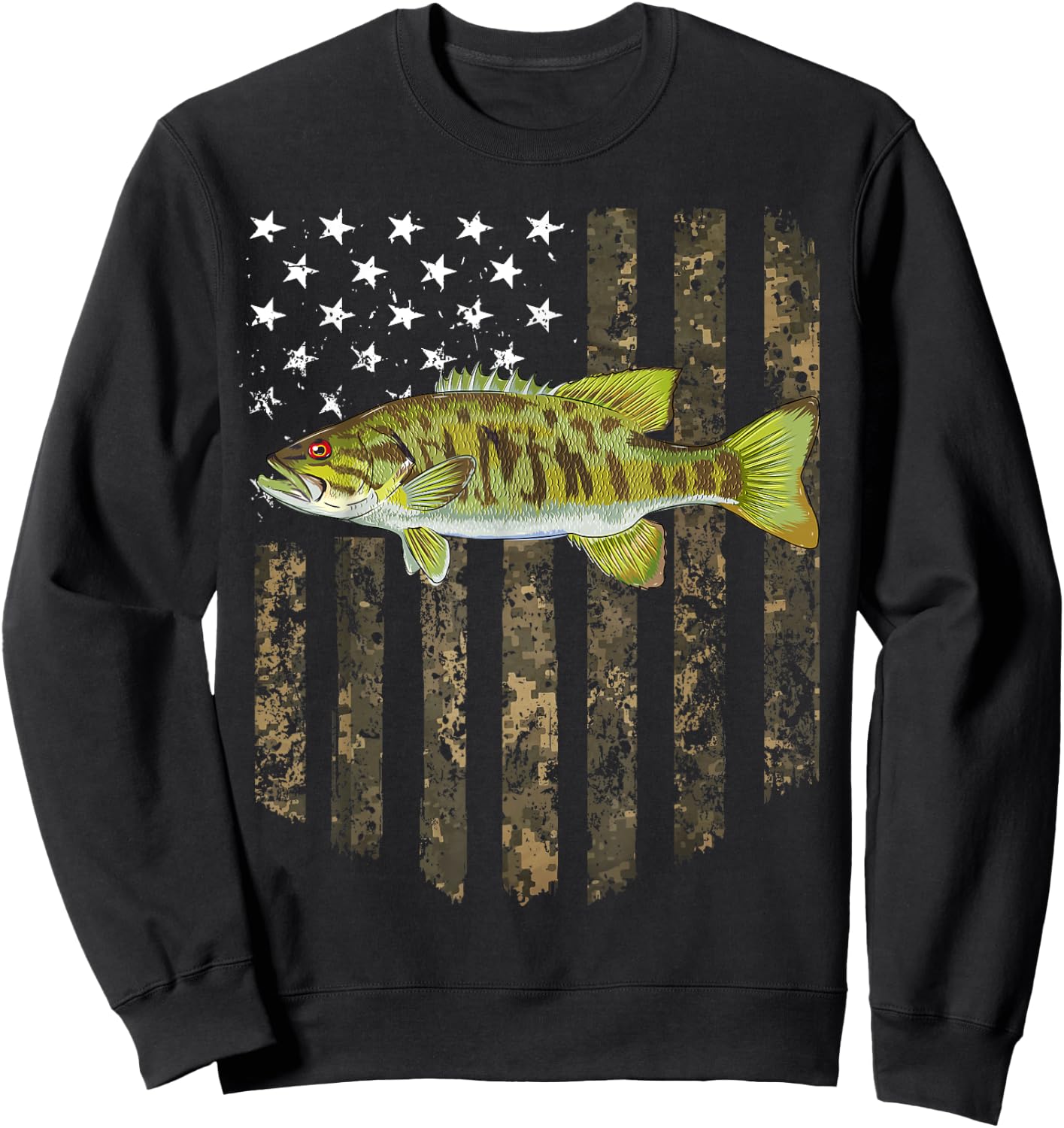 Camo American Flag Smallmouth Bass Fishing 4th Of July Sweatshirt - Sweatshirt | Black