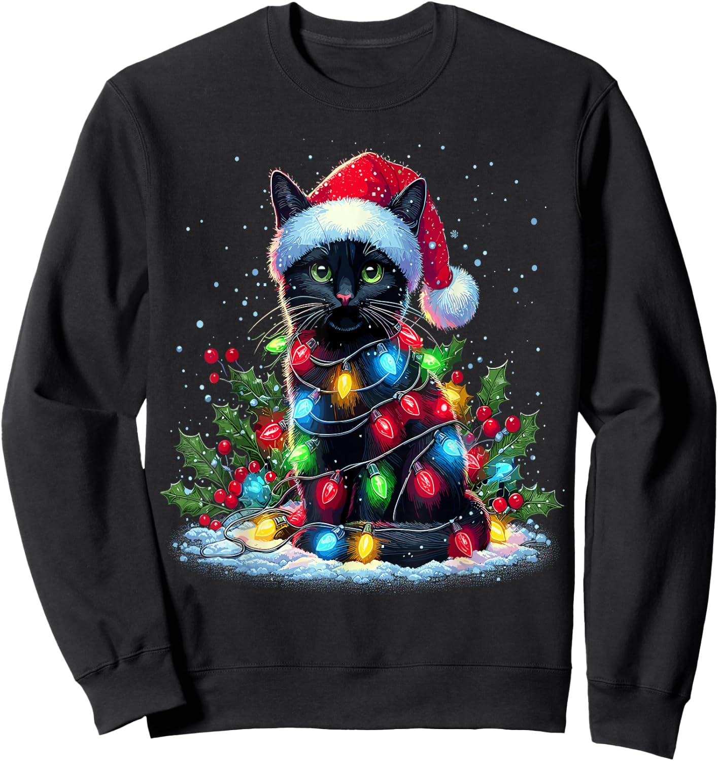 Black Cat Christmas Santa Hat Funny Meowy Cats Sweatshirt - Sweatshirt | Black