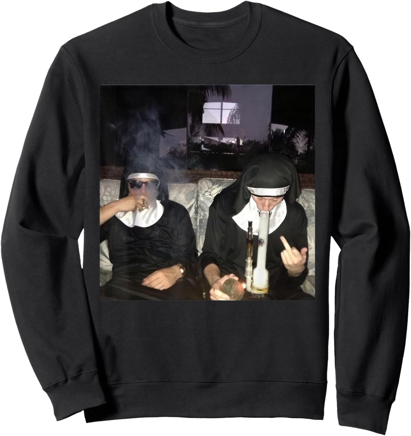 Vintage Nuns Smoking Cigarette Bong Funny Drug Nun Sweatshirt - Sweatshirt | Black