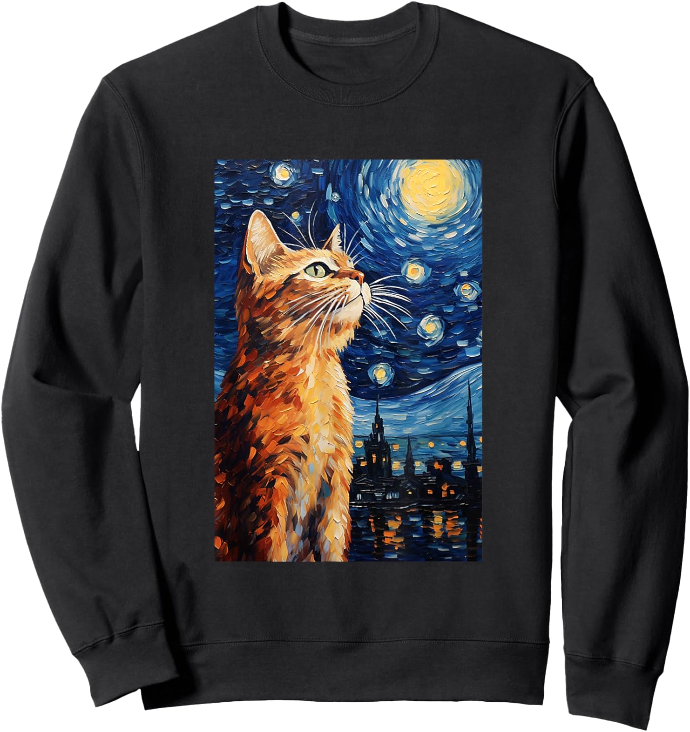 Cute Cat - Van Gogh Style - Starry Night Women Girls Kids Sweatshirt - Sweatshirt | Black