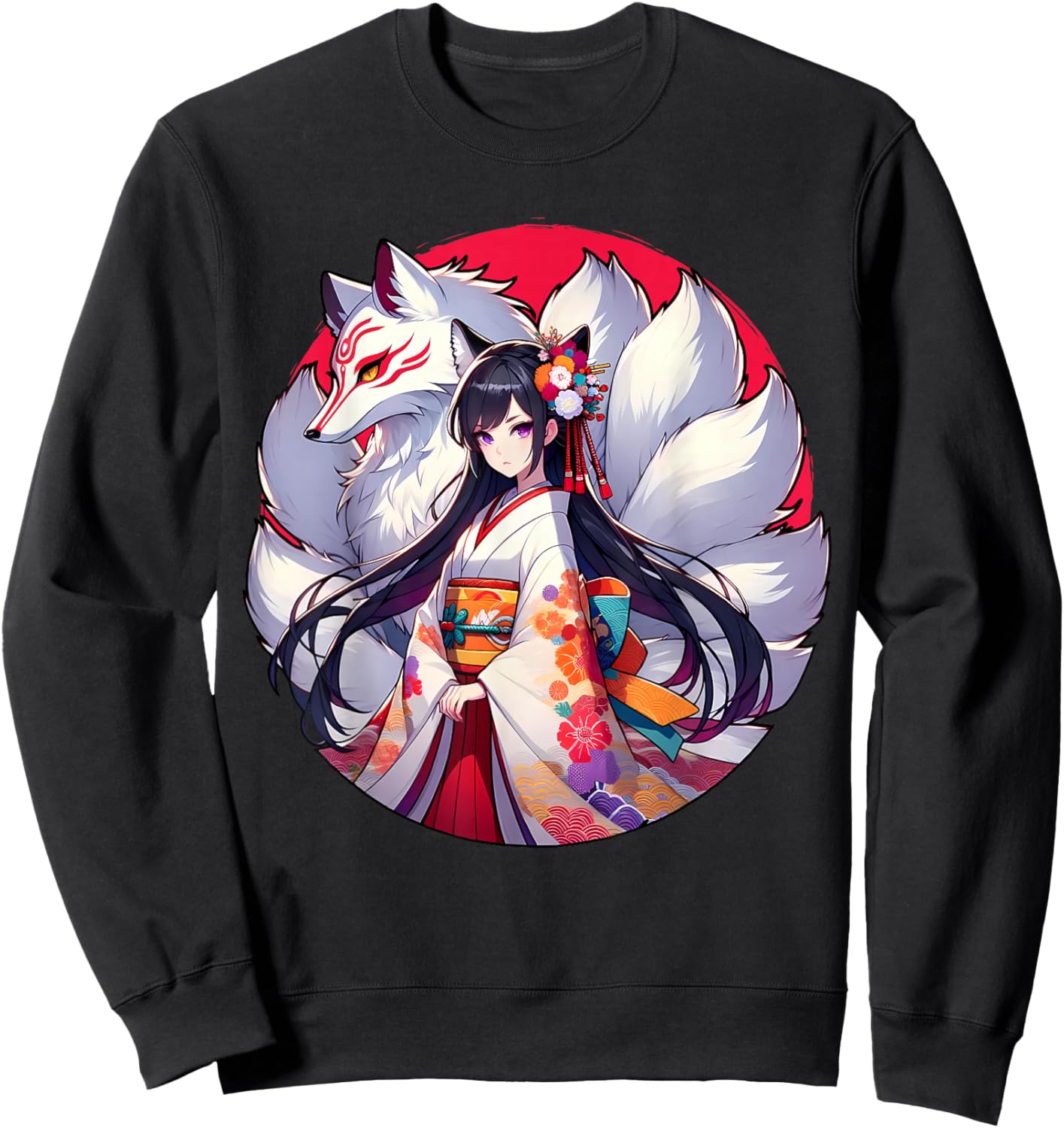 Japanese Anime Girl With Kitsune Nine Tailed Fox Sweatshirt - Sweatshirt | Black