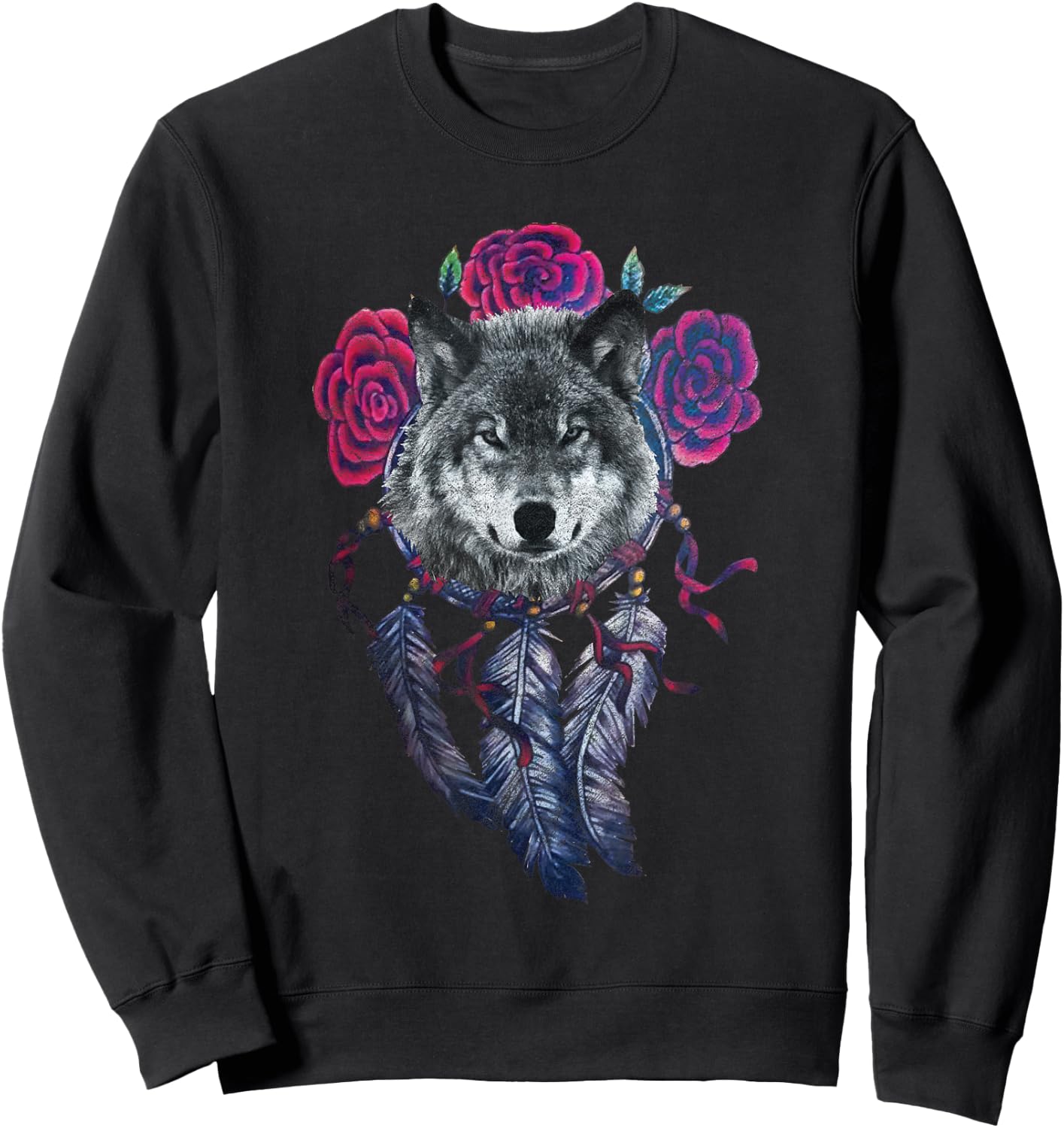 Wolf Dream Catcher Spiritual Feathers Wolf Lover Sweatshirt - Sweatshirt | Black