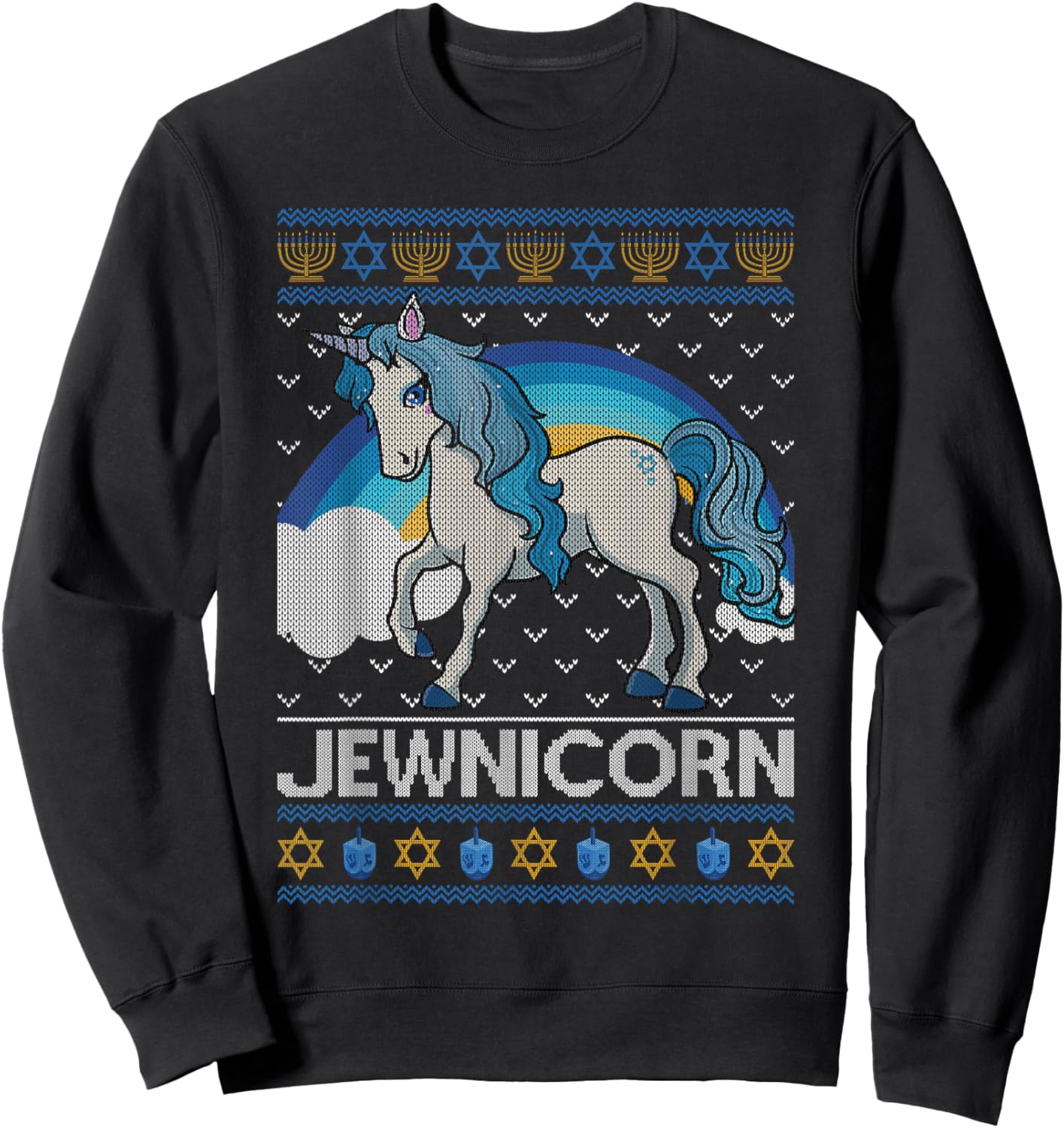 Funny Jewnicorn Jewish Unicorn Menorah Ugly Hanukkah Sweater Sweatshirt - Sweatshirt | Black
