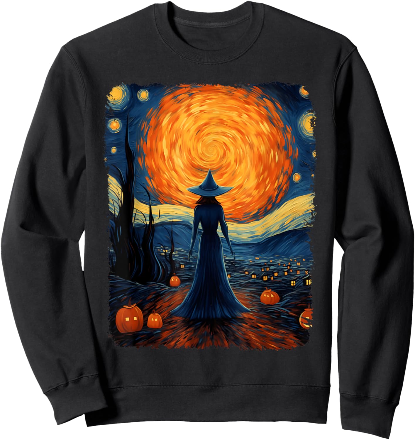 Witch Mystery Scary Moon Starry Night Van Gogh Art Halloween Sweatshirt - Sweatshirt | Black