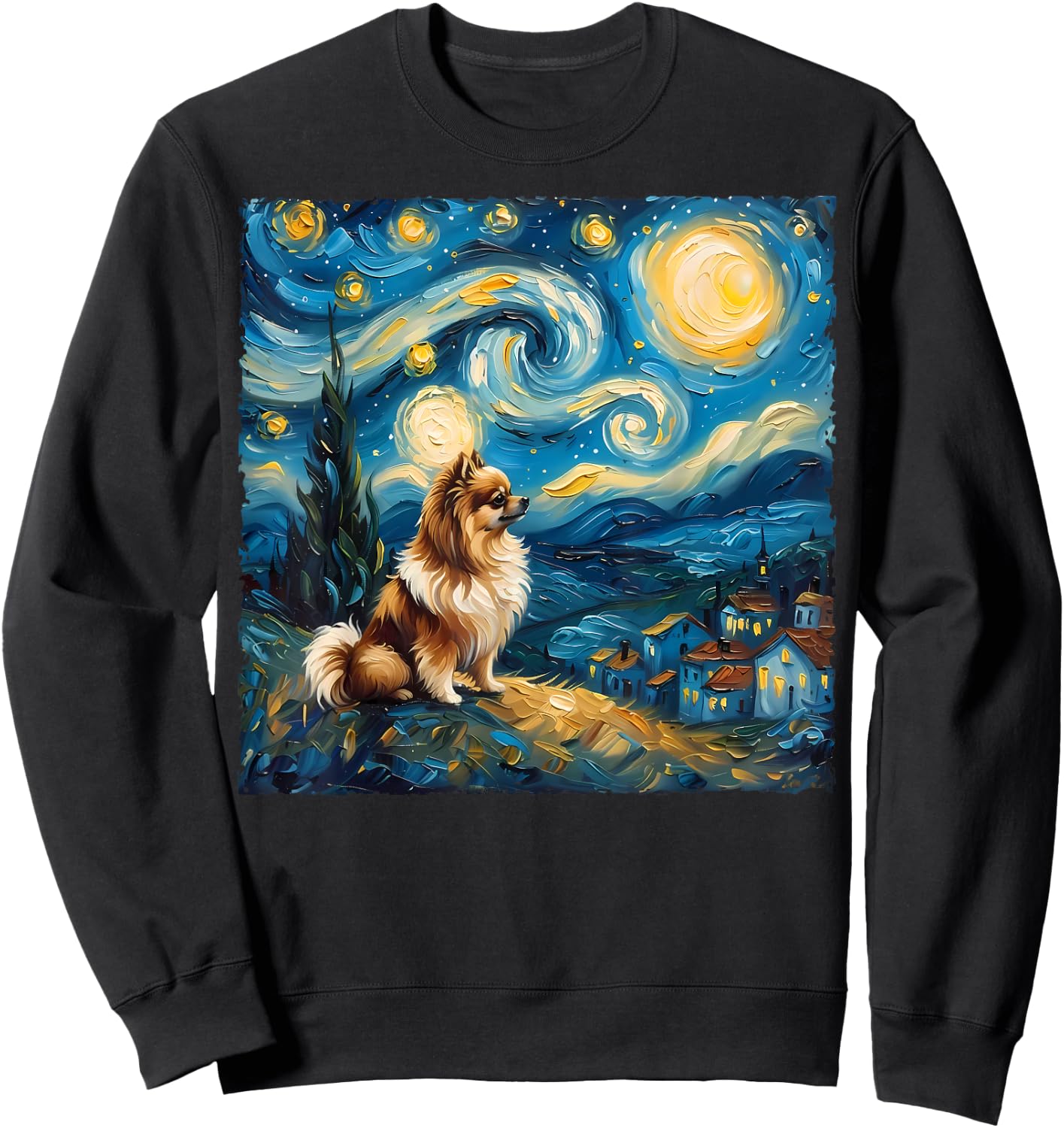 Pomeranian Dog Lovers Starry Night Van Gogh Style Painting Sweatshirt - Sweatshirt | Black