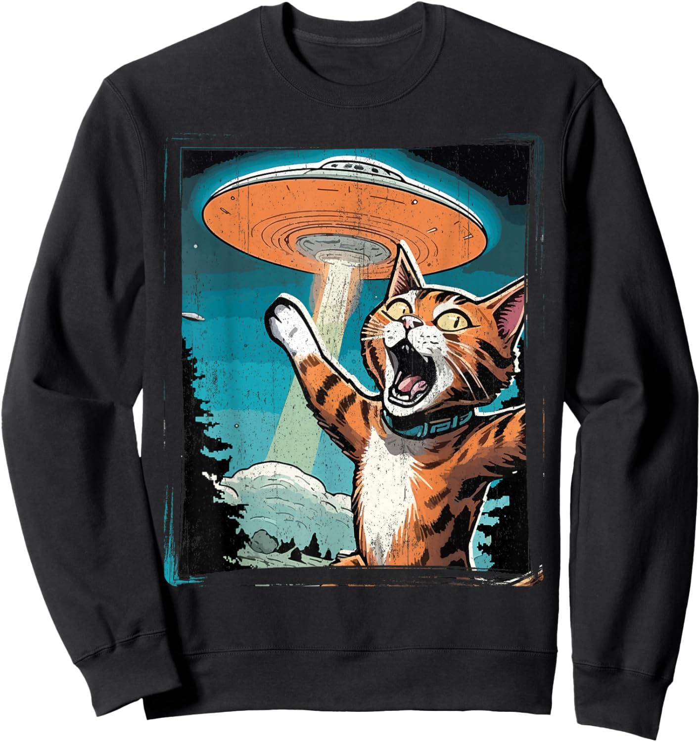 Funny Cat Selfie with UFO Cat Lover Gift Cat Mom Cat Dad Sweatshirt - Sweatshirt | Black