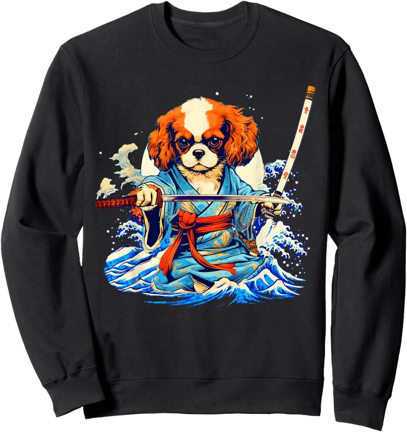 Cavalier King Charles Spaniel Dog Japanese Ukiyoe Art Ninja Women Girls Kids Sweatshirt - Sweatshirt | Black