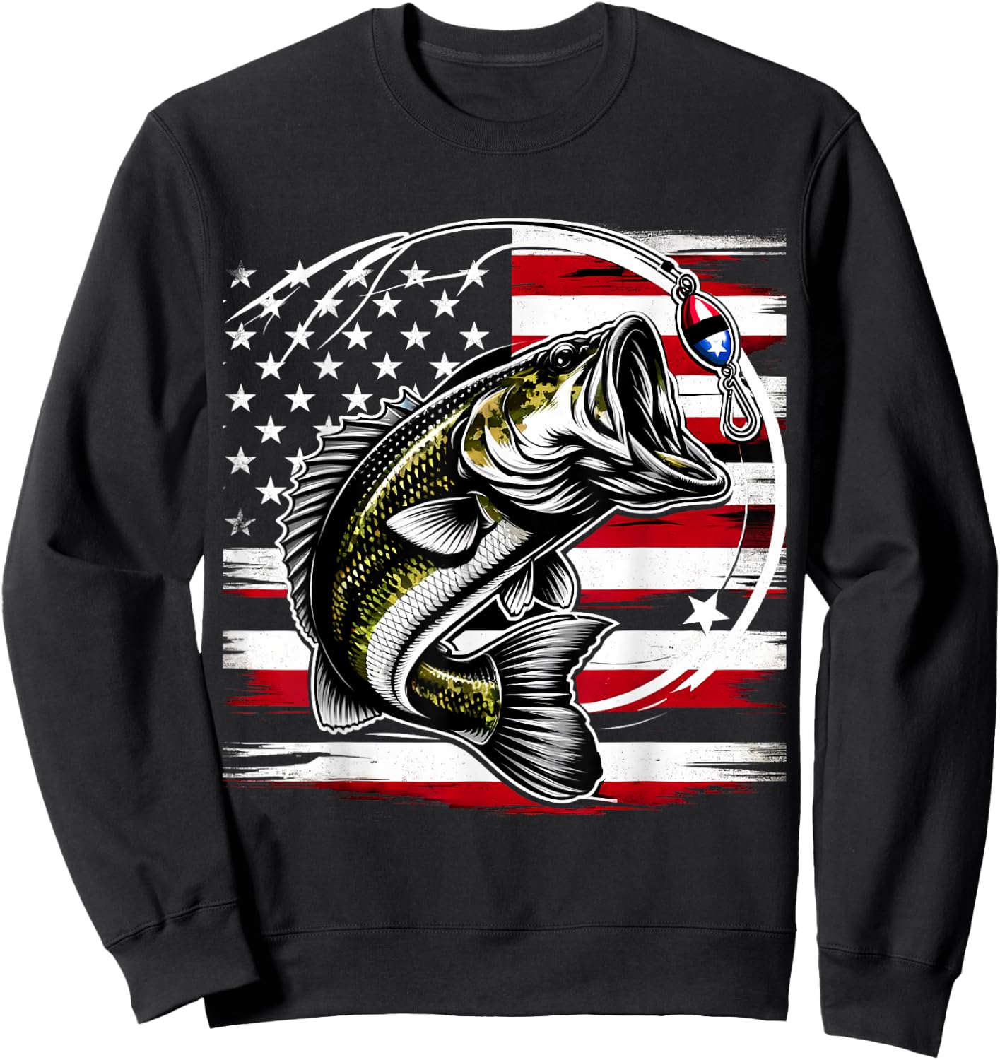American Flag Fish Fisher Fisherman Funny Bass Fishing USA Sweatshirt - Sweatshirt | Black