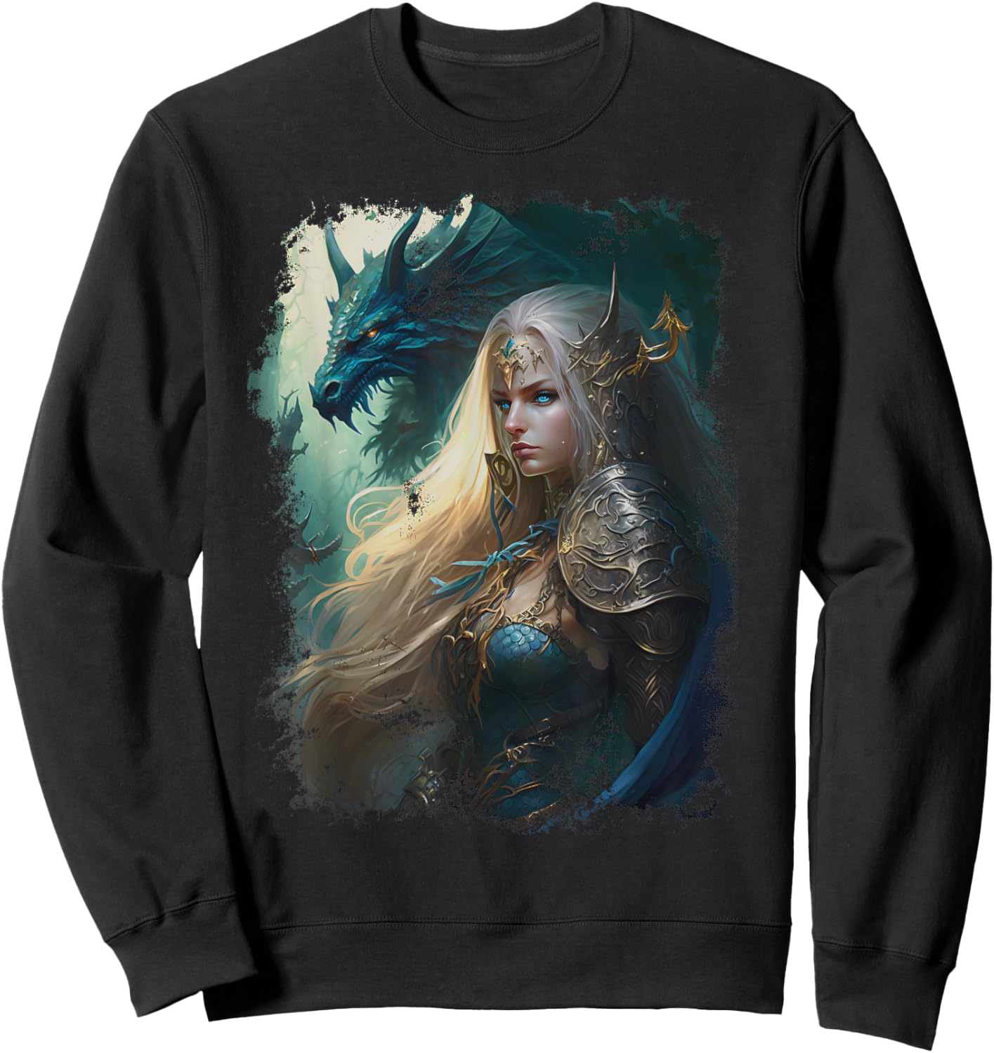 Elven Warrior Elf Princess Dragon Vintage Fantasy Graphic Sweatshirt - Sweatshirt | Black