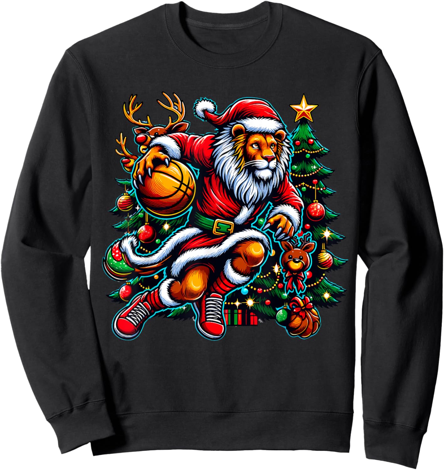 Santa Lion Play Basketball Christmas Funny Sweatshirt - Sweatshirt | Black