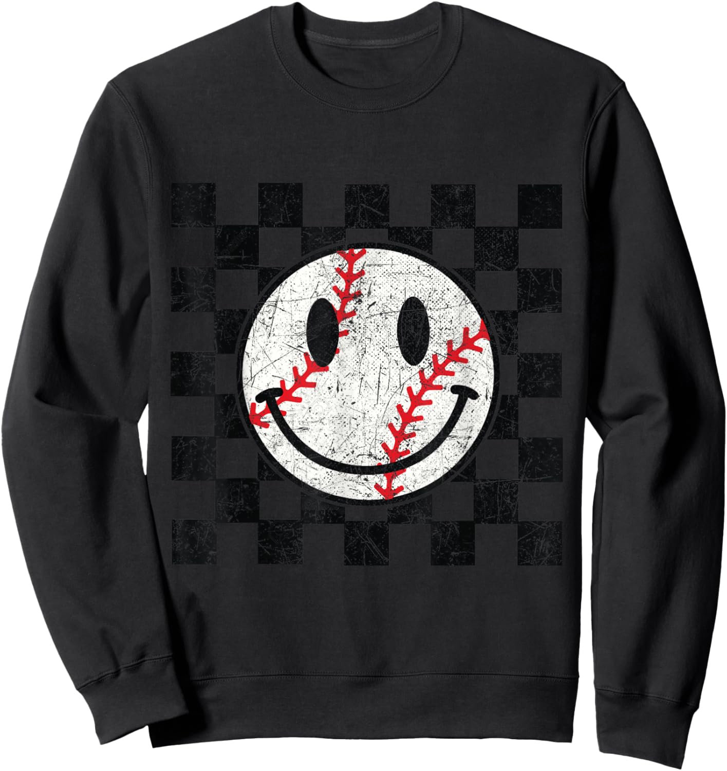 Baseball Smile Checkered Funny Sport Humor Sweatshirt - Sweatshirt | Black