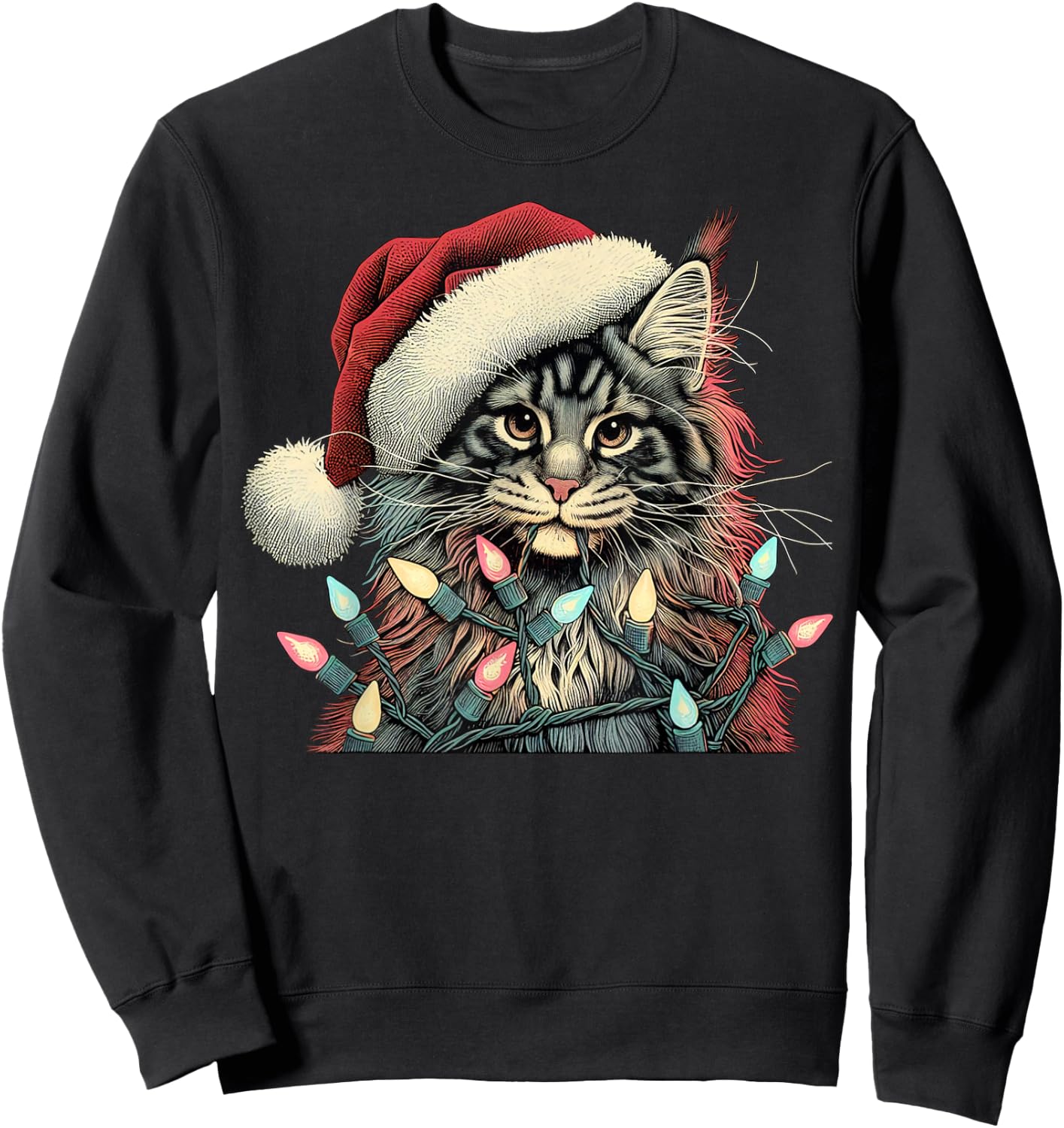 Maine Coon Cat Chew Christmas Light Xmas Holiday Funny Cute Sweatshirt - Sweatshirt | Black