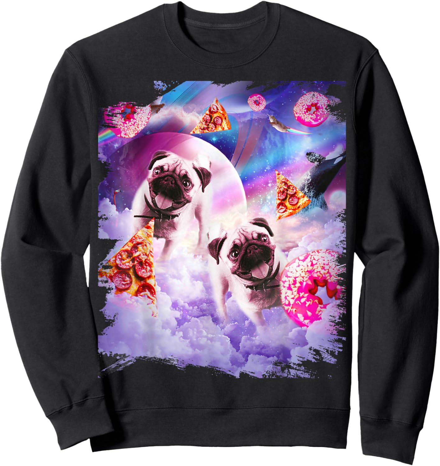 Pugs in The Clouds with Donut and Pizza Sweatshirt - Sweatshirt | Black