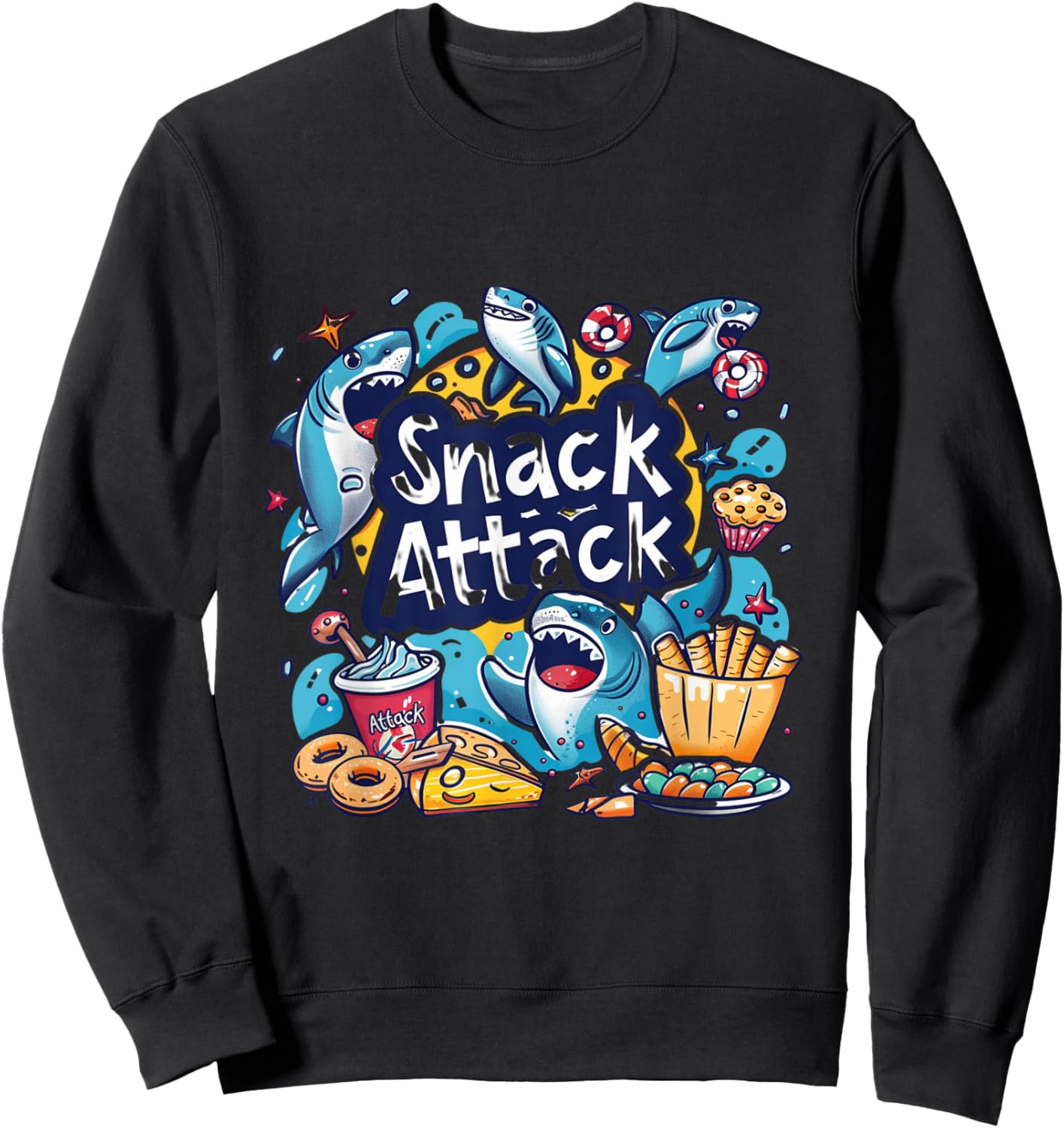 Snack Attack Funny Food Foodie Munchies Children Kids Shark Sweatshirt - Sweatshirt | Black
