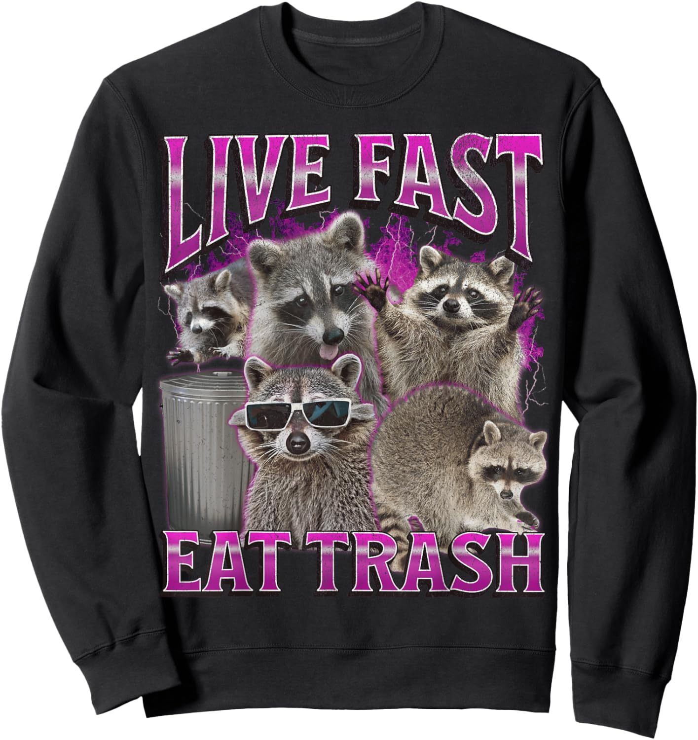 Live Fast Eat Trash Funny Raccoon Meme Bootleg Graphic 90s Sweatshirt - Sweatshirt | Black