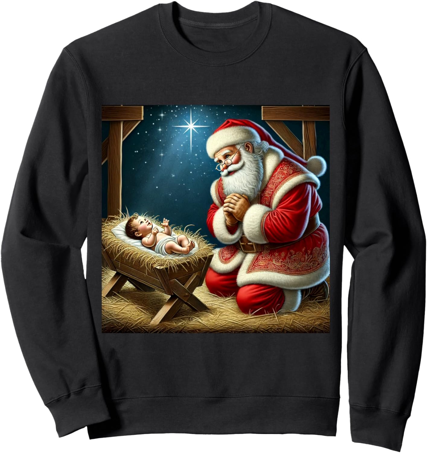 Santa Kneeling Before Baby Jesus Christmas Sweatshirt - Sweatshirt | Black