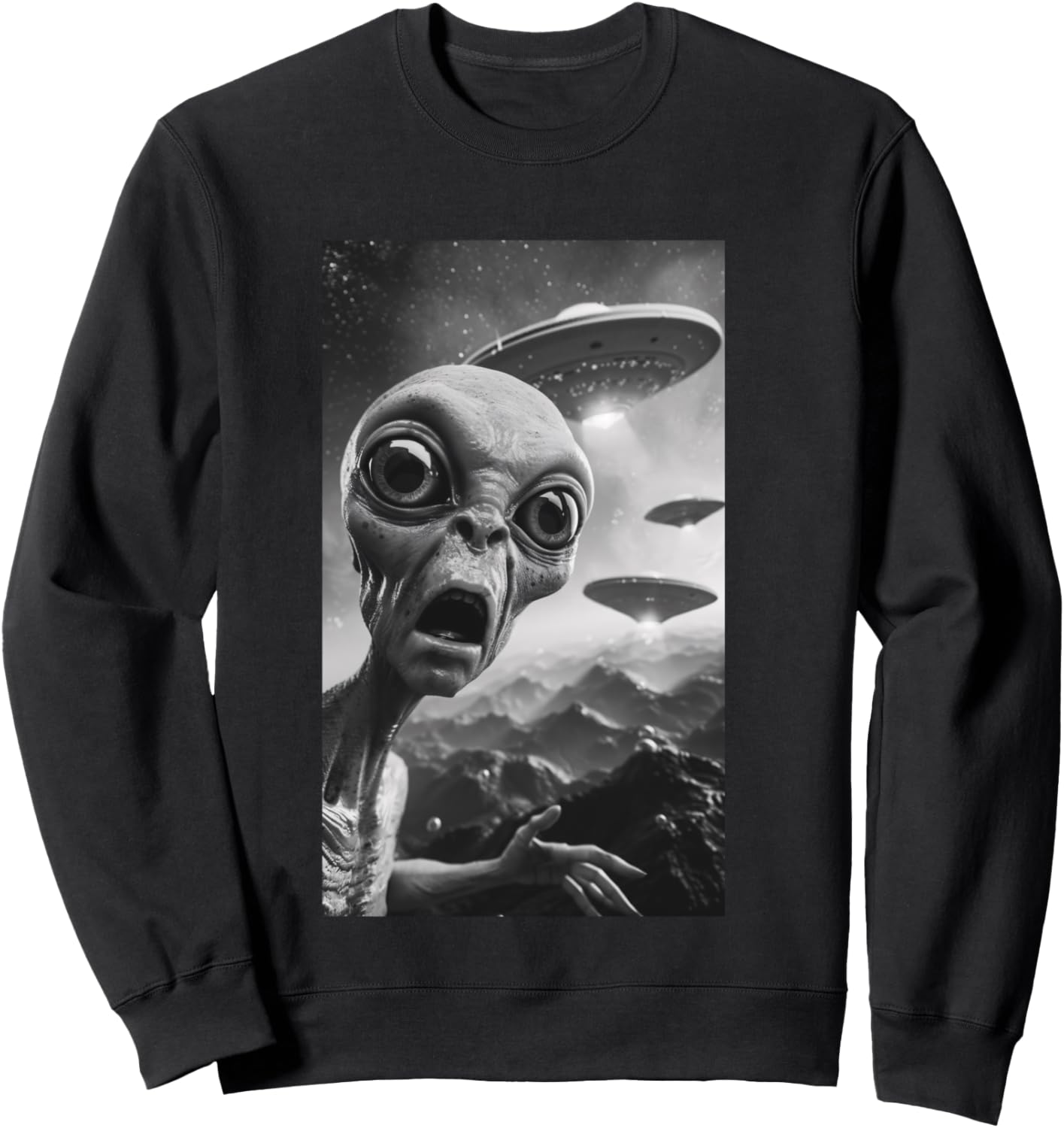 Funny Alien UFO Soucoupe volante Selfie Homme Femme Manche Longue Sweatshirt - Sweatshirt | Black