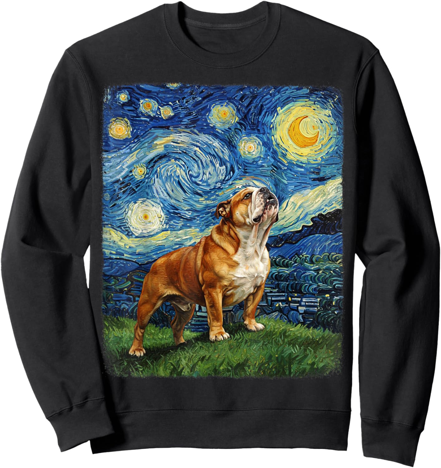 Bulldog Howling At Moon Starry Night Van Gogh Funny Sweatshirt - Sweatshirt | Black