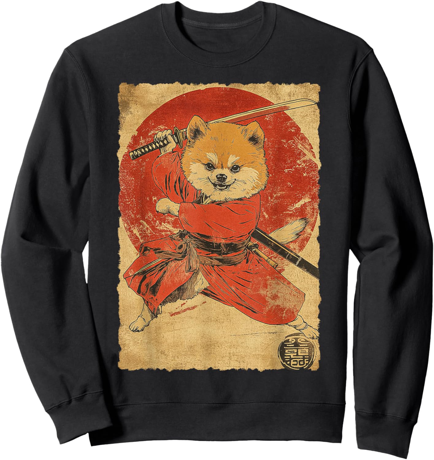 Funny Vintage Japanese Art Pomeranian Dog Ninja Samurai Women Girls Kids Sweatshirt - Sweatshirt | Black