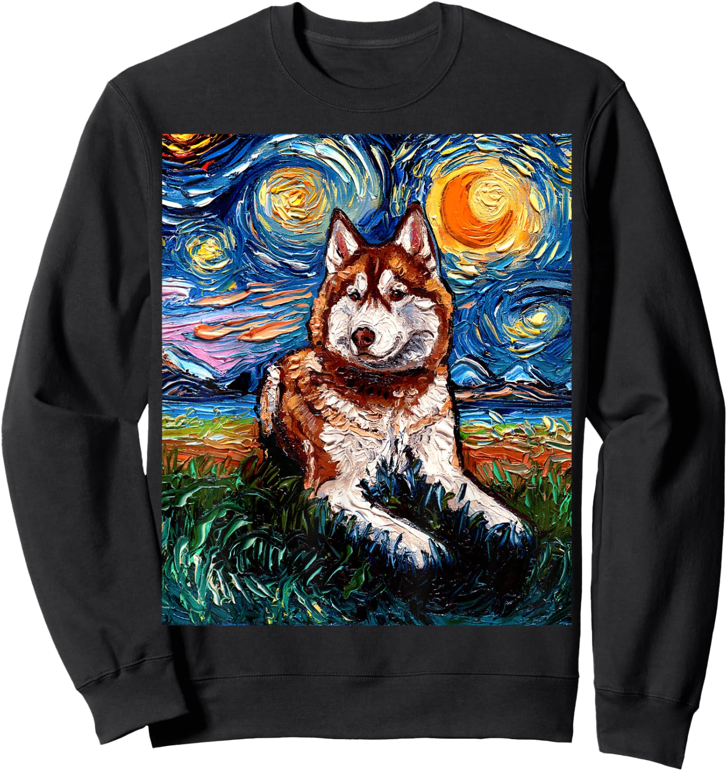 Red Siberian Husky Starry Night Alaskan Malamute Dog Artwork Sweatshirt - Sweatshirt | Black