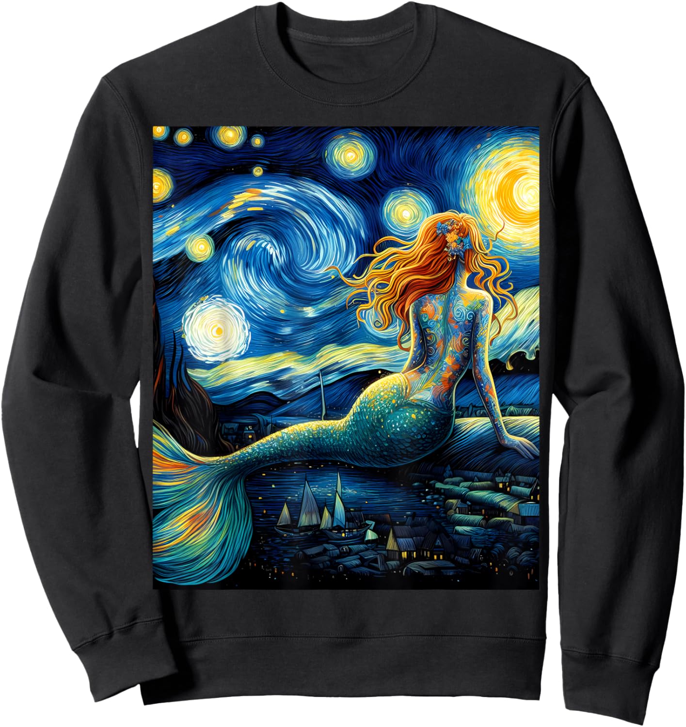 Mermaid Under Starry Night Sky Art Graphic Christmas Sweatshirt - Sweatshirt | Black