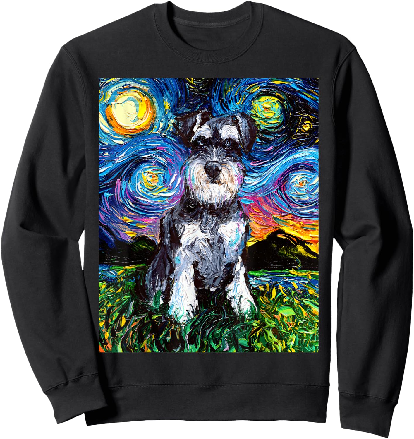 Schnauzer Starry Night Impressionist Dog Art by Aja Sweatshirt - Sweatshirt | Black