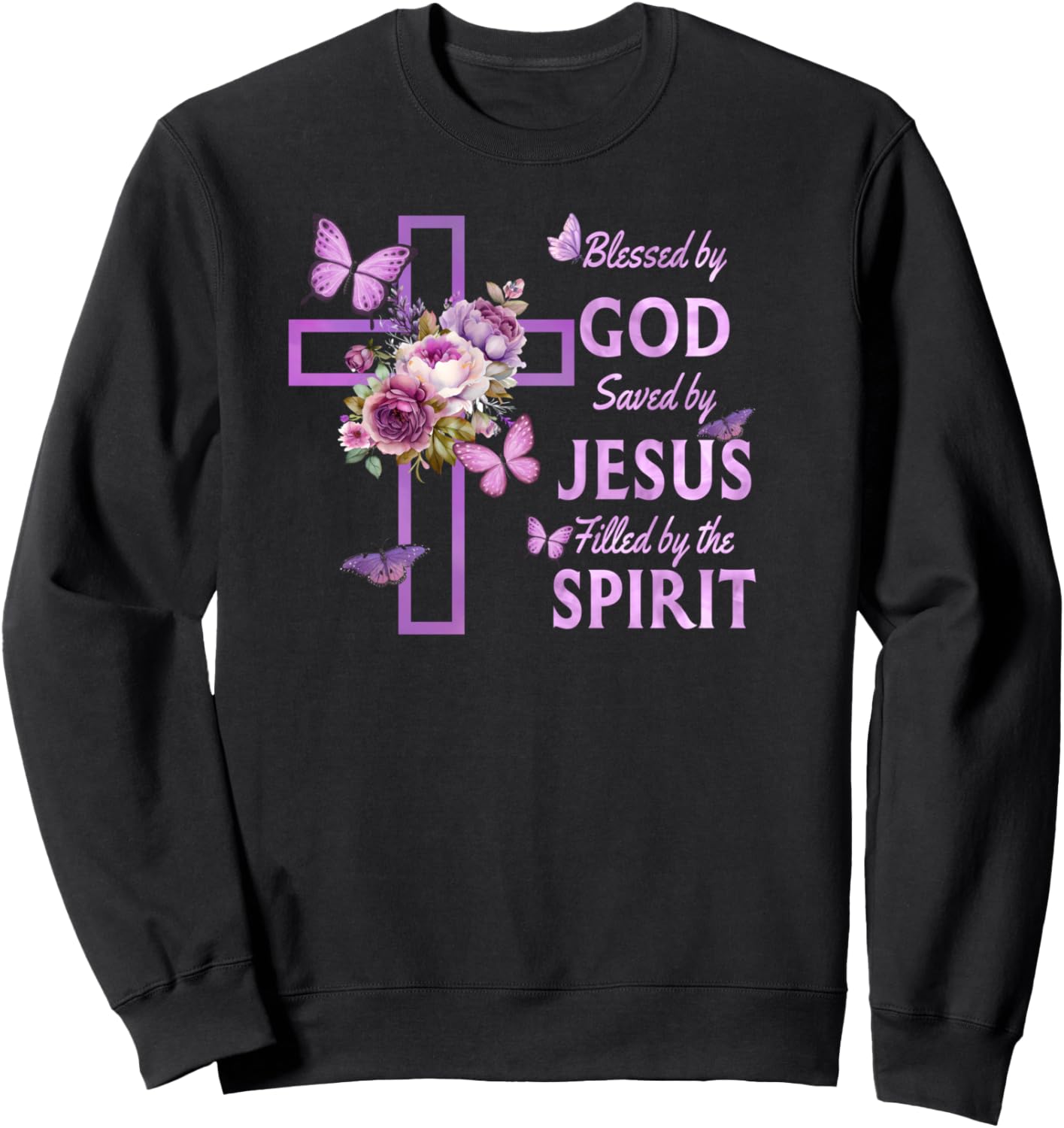Blessed by God Saved by Jesus Purple Floral Cross Christian Sweatshirt - Sweatshirt | Black