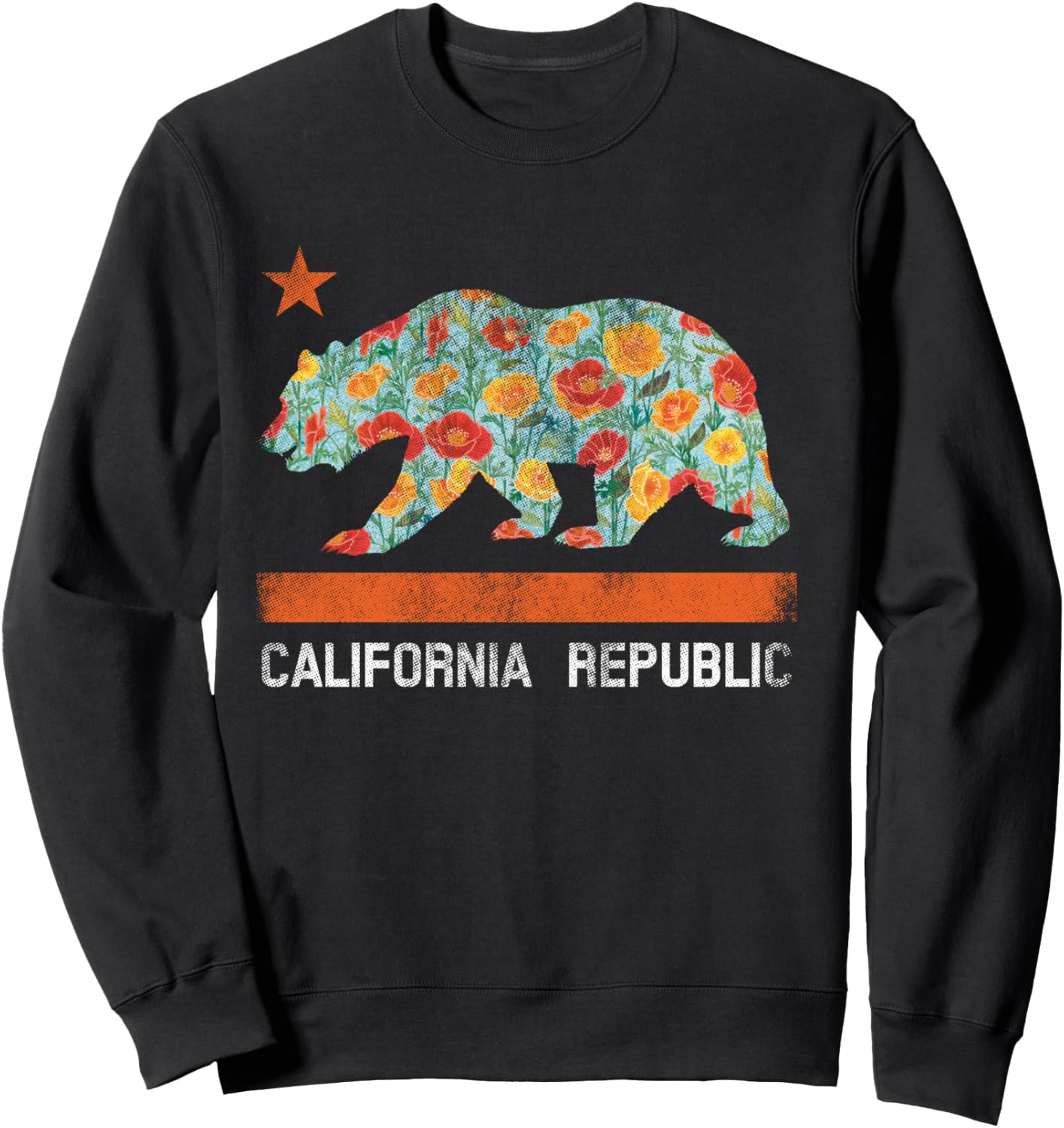 California Republic State Bear Star Poppy Flower LA Cali Sweatshirt - Sweatshirt | Black