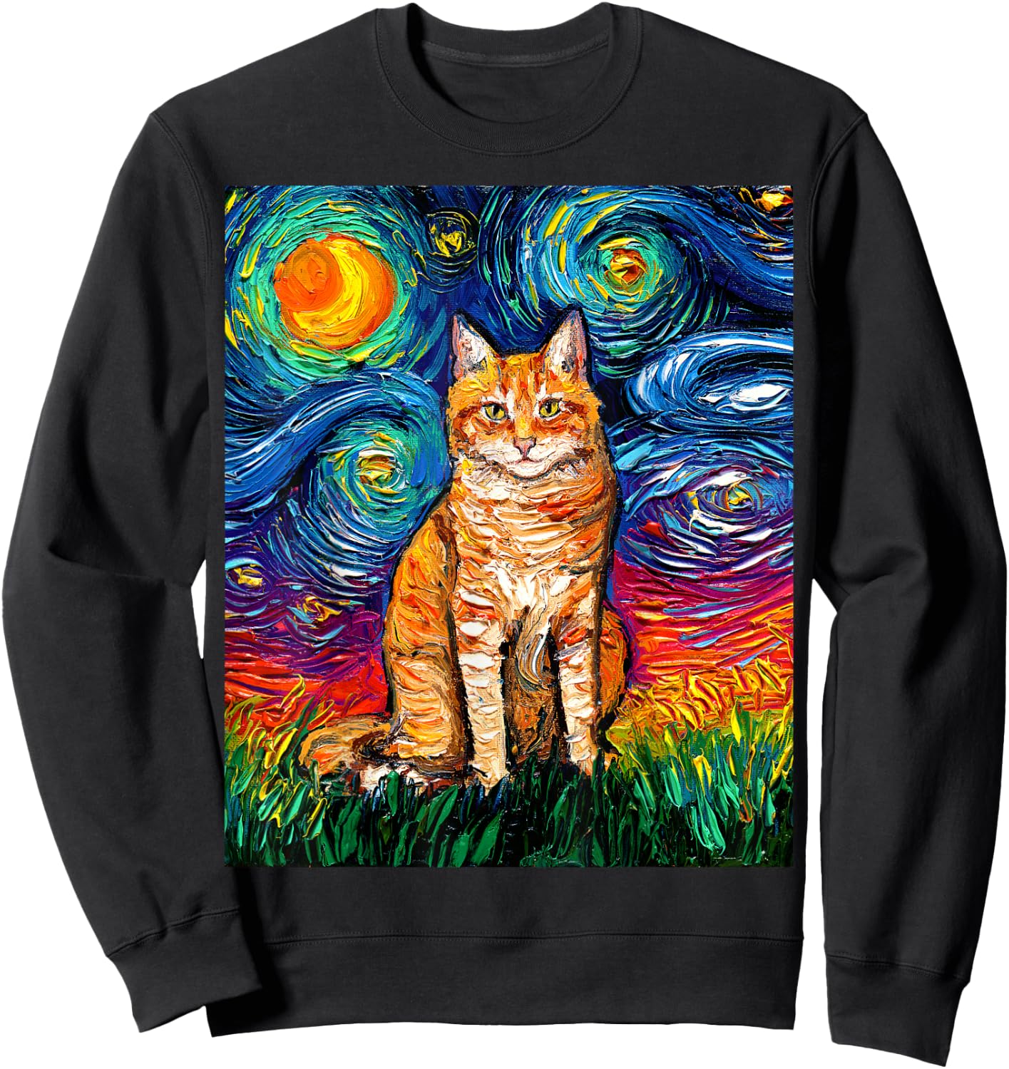 Orange Tabby Tiger Cat Starry Night Colorful Kitty Artwork Sweatshirt - Sweatshirt | Black