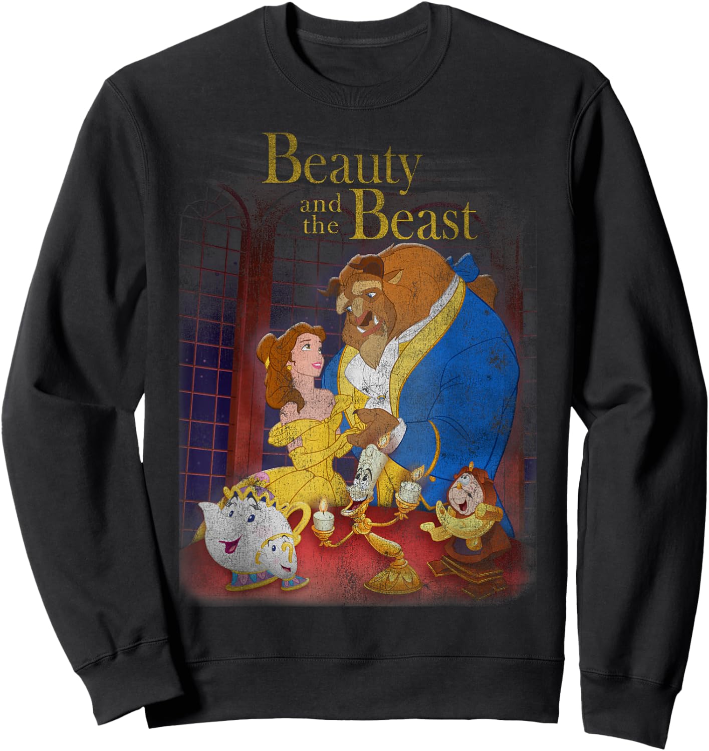 Disney Beauty and The Beast Distressed Vintage Group Shot Sweatshirt - Sweatshirt | Black