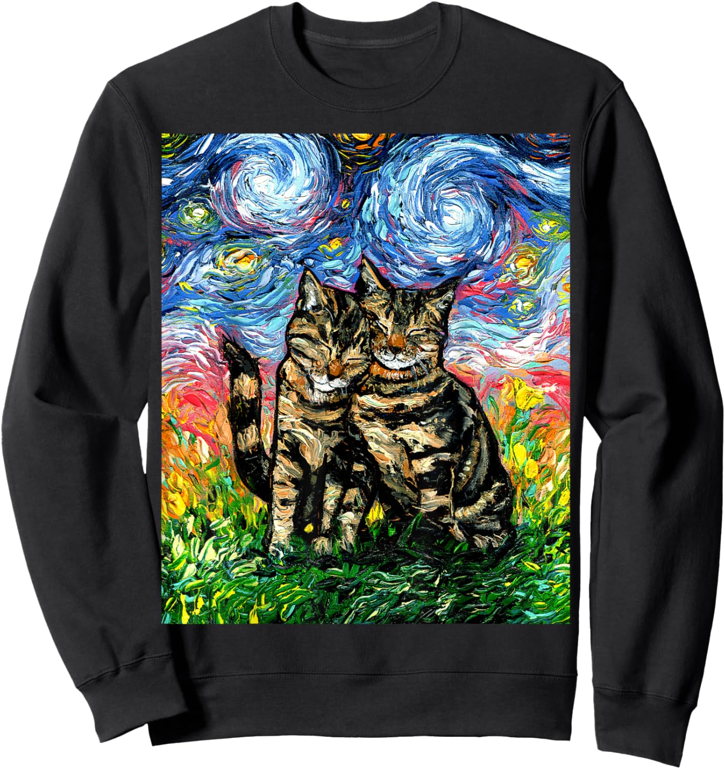 Tabby Cats Snuggling Cute Starry Night Kitten Artwork Sweatshirt - Sweatshirt | Black