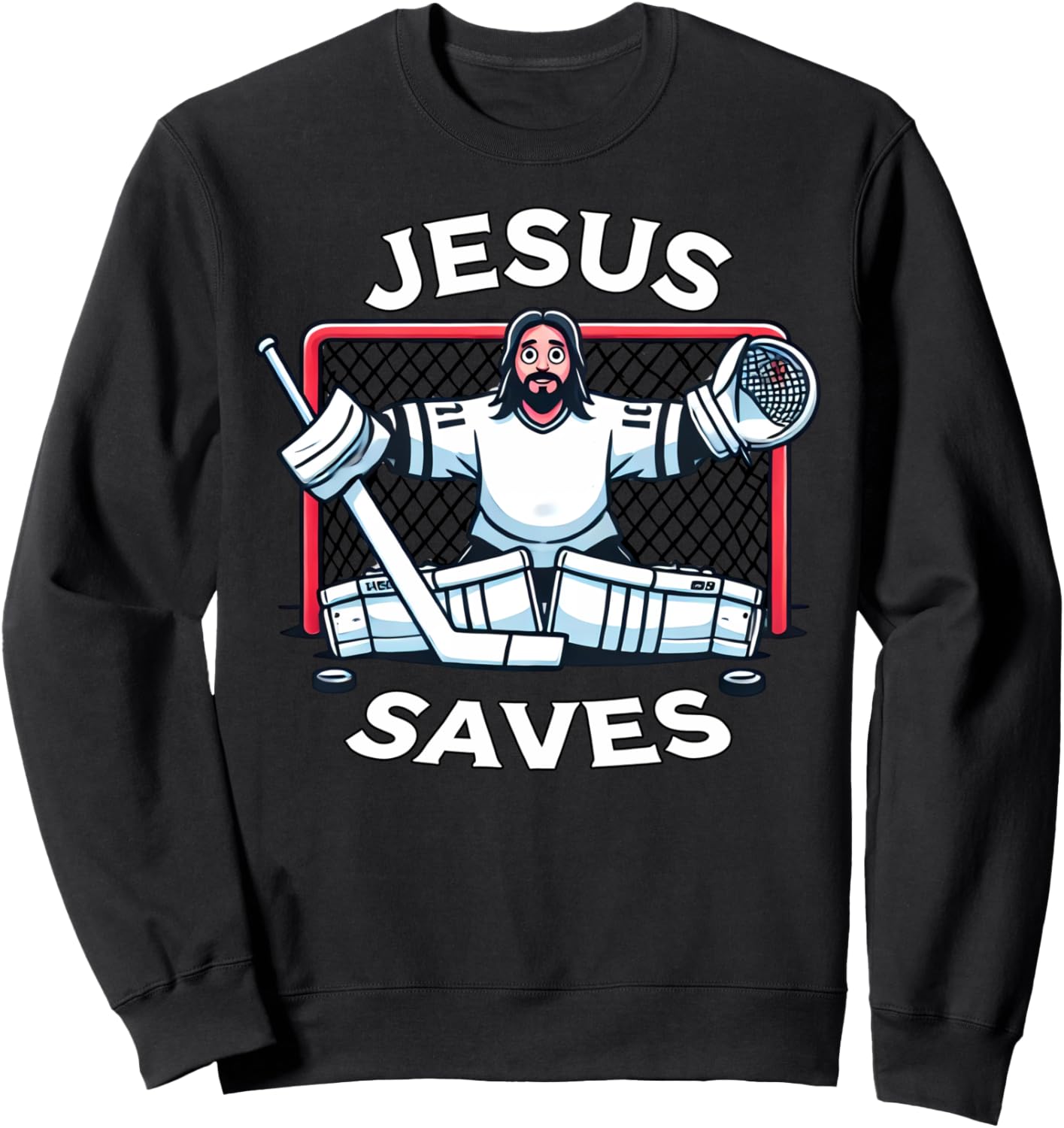 Funny Hockey Jesus Saves Goalie Sports Humor Sweatshirt - Sweatshirt | Black