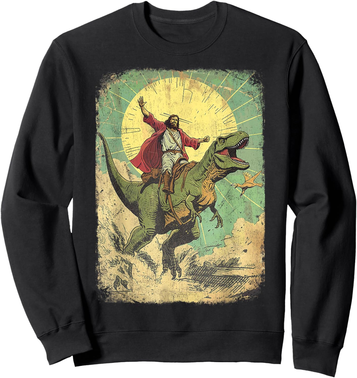 Jesus riding dinosaur Funny Christian retro dino raptor Sweatshirt - Sweatshirt | Black
