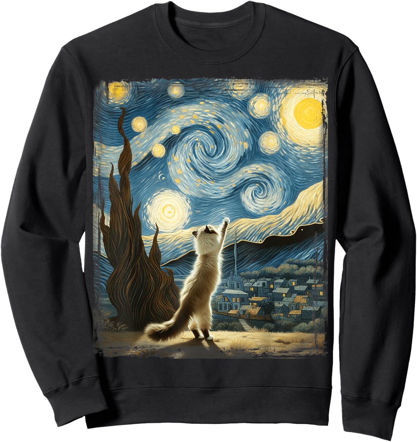 Van Gogh Starry Night Reaching Moon Artistic Pet Ragdoll Cat Sweatshirt - Sweatshirt | Black