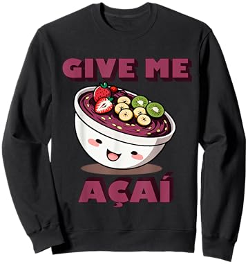 "Give Me AÇAÍ" Cute Brazilian Cartoon Acai Bowl Design Sweatshirt - Sweatshirt | Black