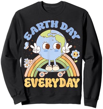 Cute Kawaii Earth Day Everyday Skateboard Rainbow Sweatshirt - Sweatshirt | Black