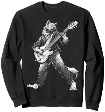 Rocking Wolf with Guitar Rock and Roll Vintage ROCK Music Sweatshirt - Sweatshirt | Black