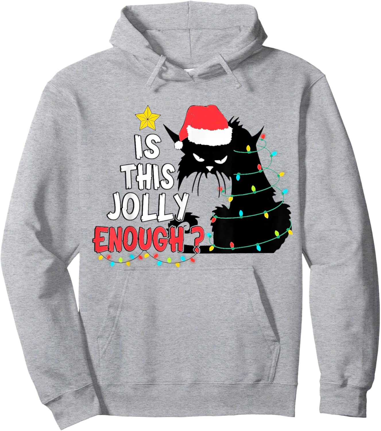 Is This Jolly Enough Black Cat Merry Christmas Tree Lights Hoodie - Hoodie | Ash