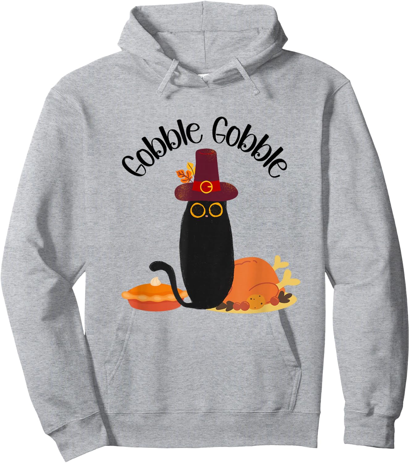 Thanksgiving Black Cat Gobble Gobble Cat Men Women Kids Hoodie - Hoodie | Ash