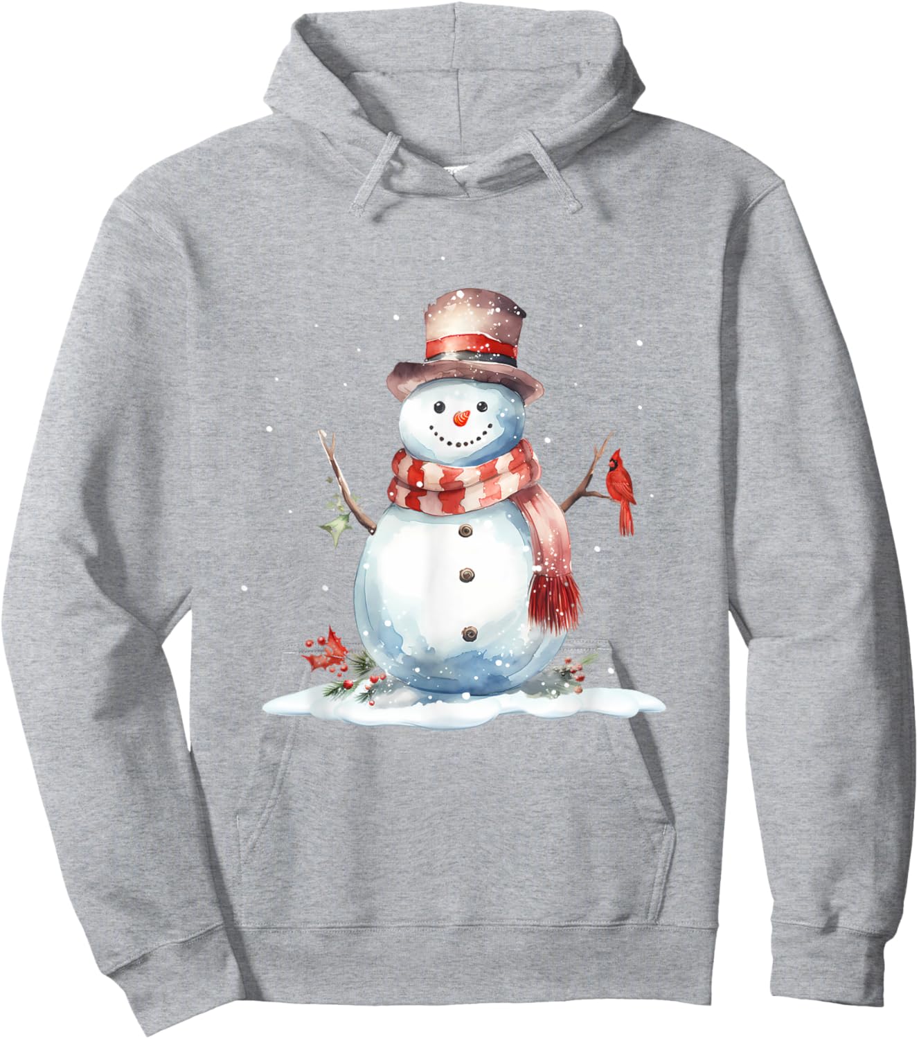 Cardinal Bird on Cute Winter Christmas Snowman, watercolor Hoodie - Hoodie | Ash
