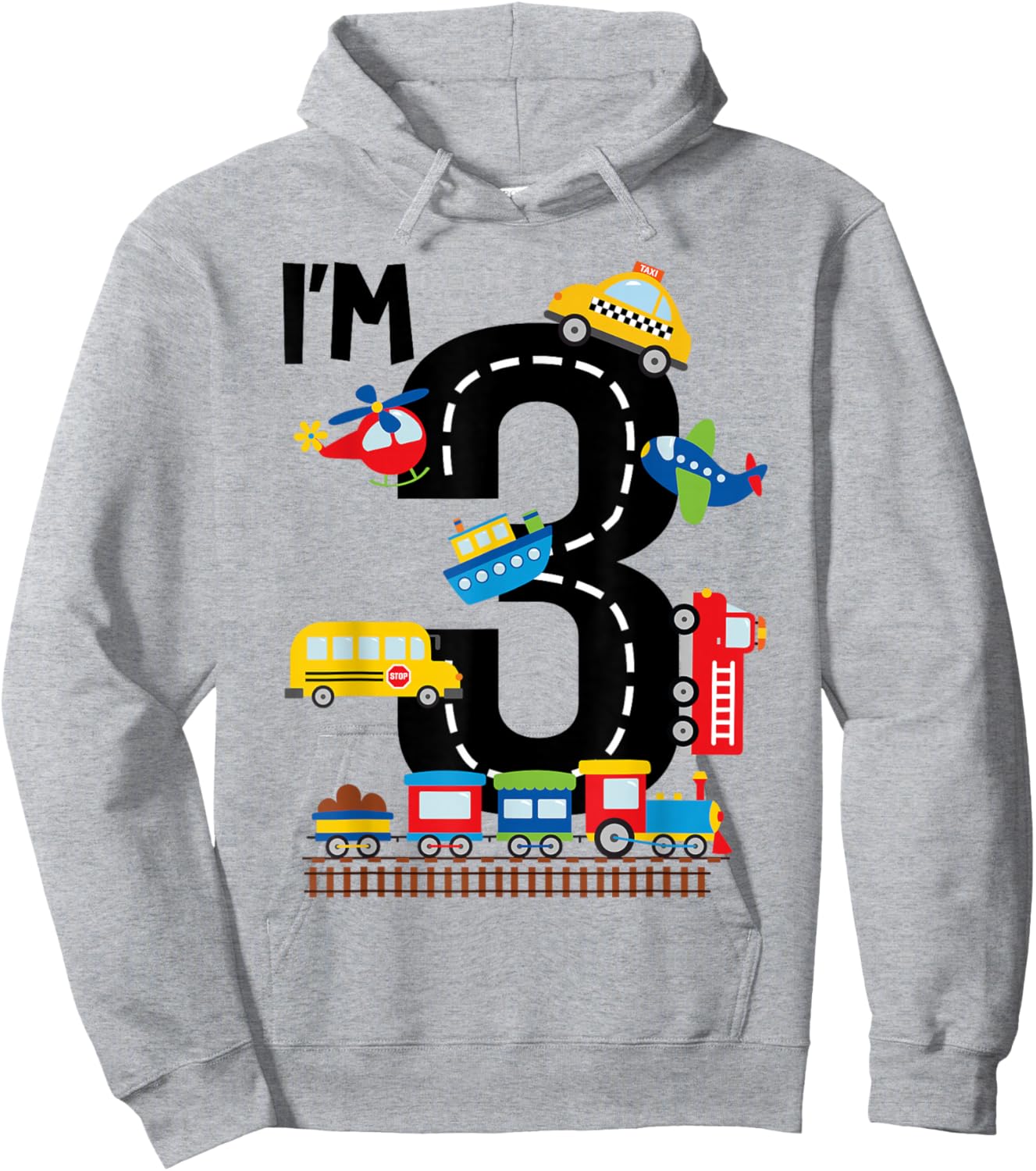 I'm 3 Years Old Birthday Boys Kids Transportation Vehicles Hoodie - Hoodie | Ash
