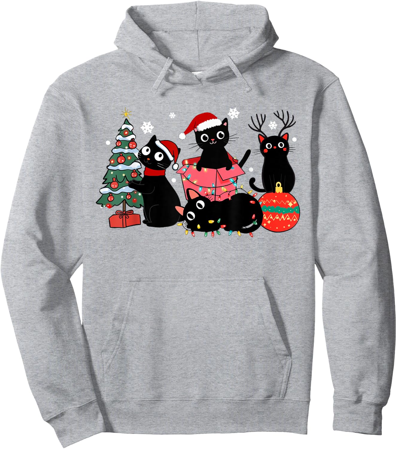 Meowy Christmas Black Cats Play Christmas Tree Lights Cats Hoodie - Hoodie | Ash