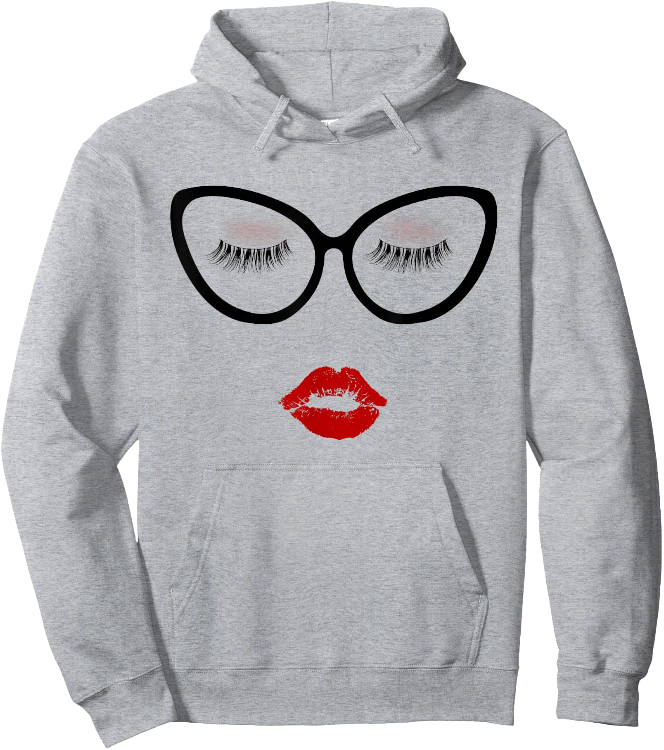Ladies Eyelashes Black Glasses Red Pouty Full Lips Eyeshadow Hoodie - Hoodie | Ash