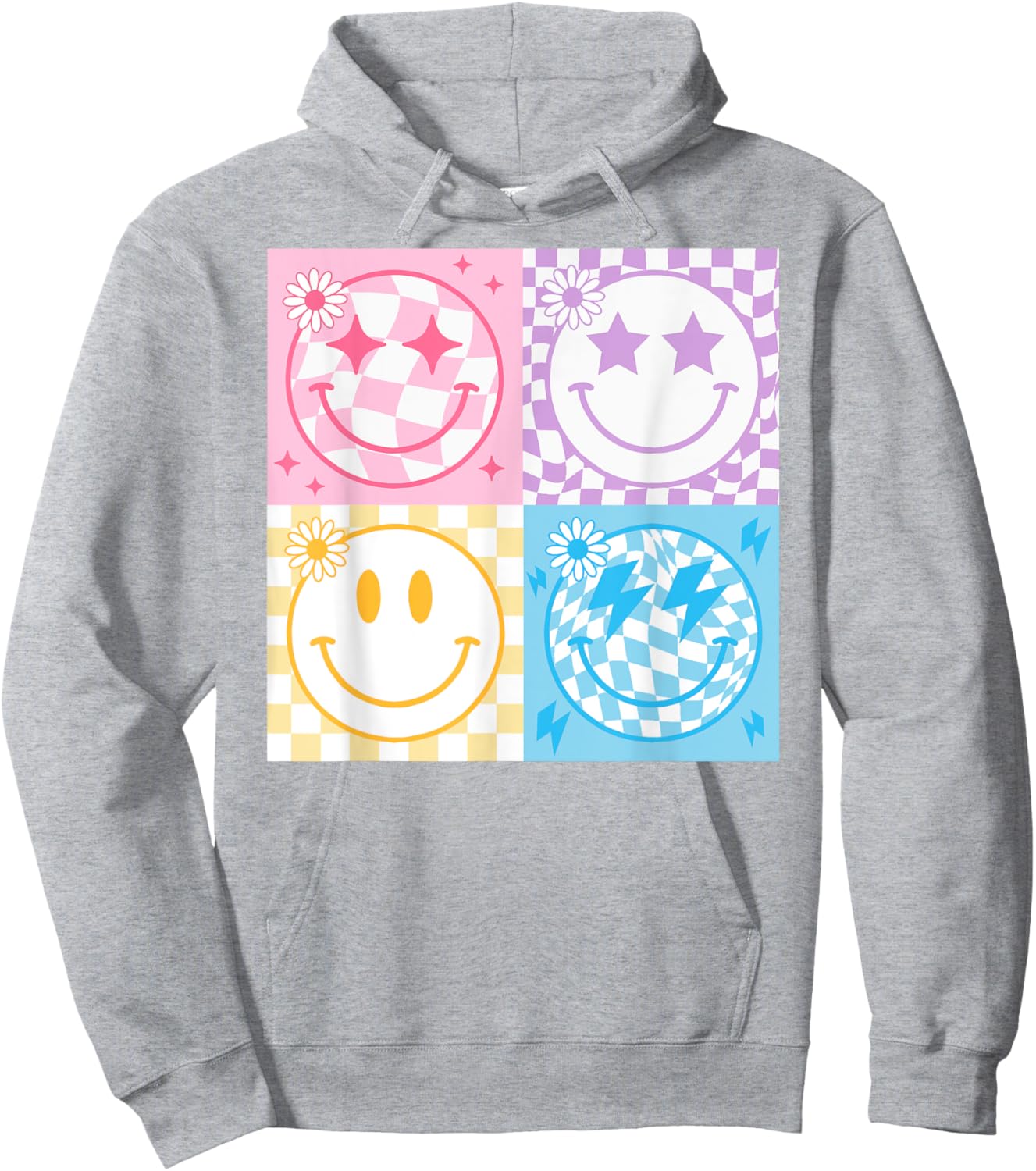 Happy Face Smile Checkered Pattern Retro Vibes Trendy Funny Hoodie - Hoodie | Ash