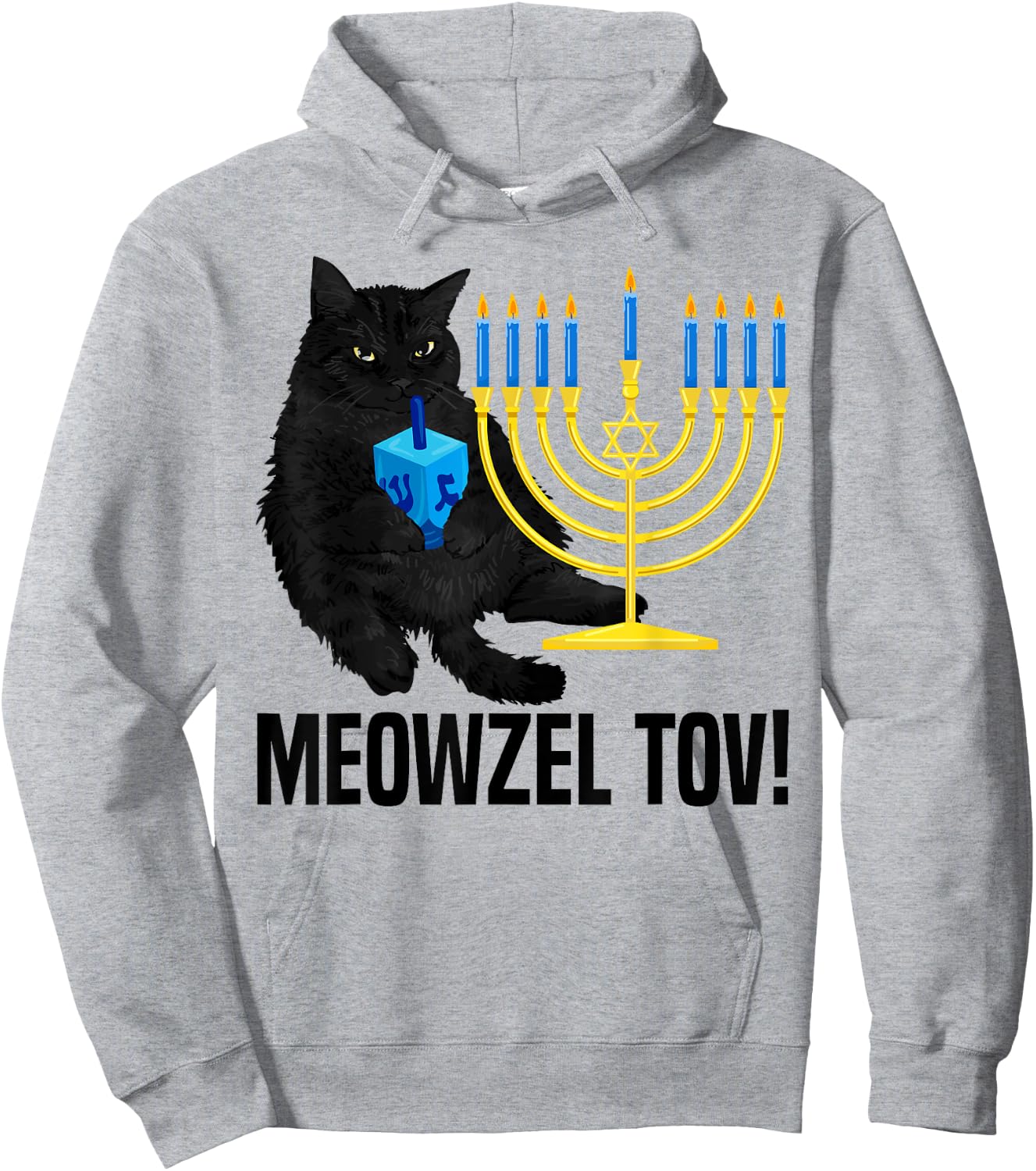 Meowzel Tov Black Cat Menorah Dreidel Hanukkah Chanukah PJS Hoodie - Hoodie | Ash
