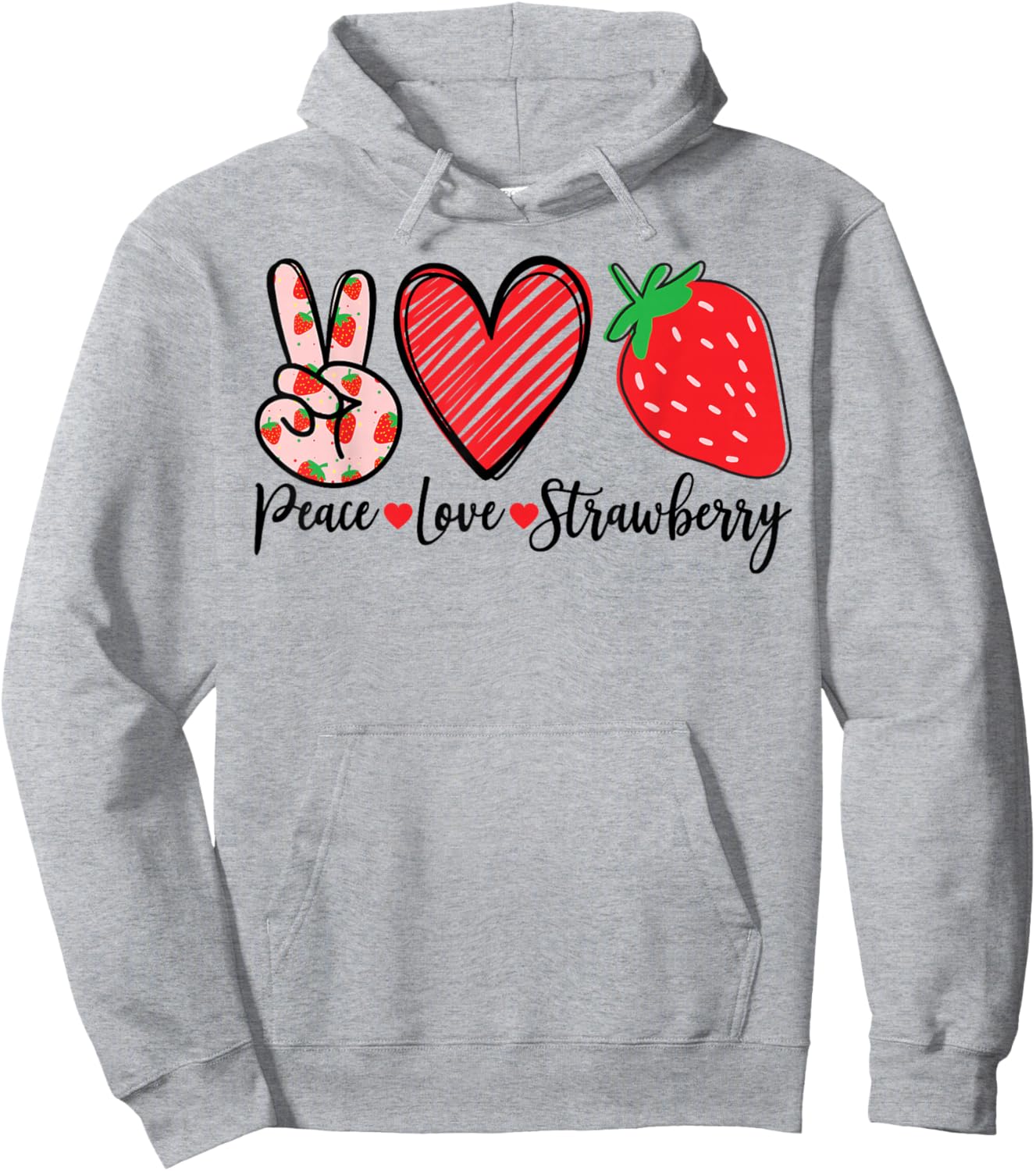 Peace Love Strawberry Graphic Fruit Design Hoodie - Hoodie | Ash