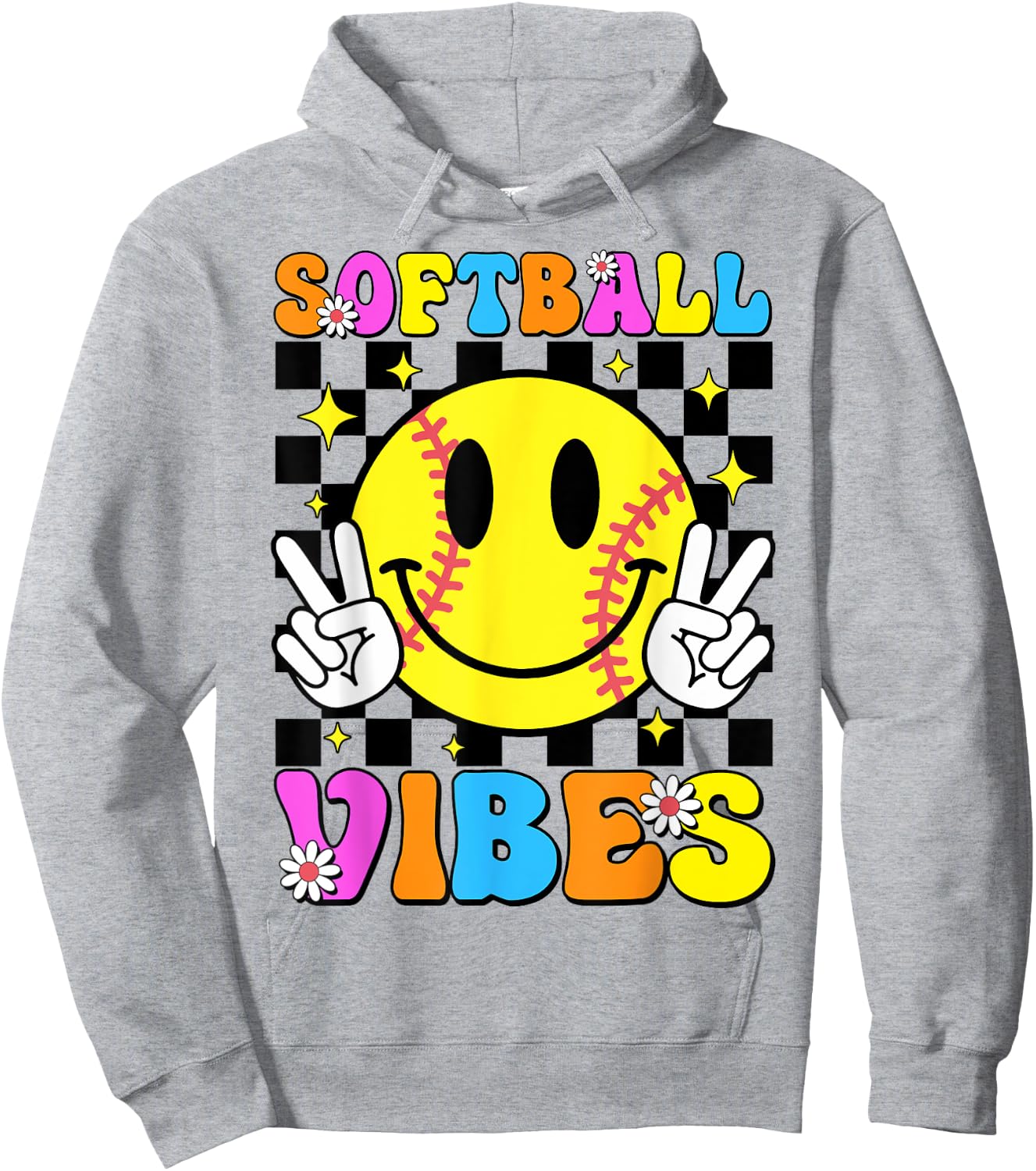 Groovy Softball Vibes Smile Face Checkered Girls Women Hoodie - Hoodie | Ash