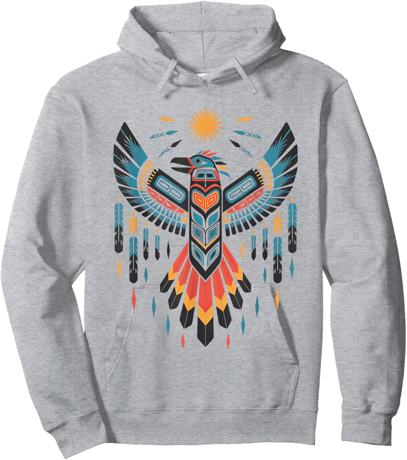 North American Tribal Thunderbird Vibrant Geometric Design Hoodie - Hoodie | Ash