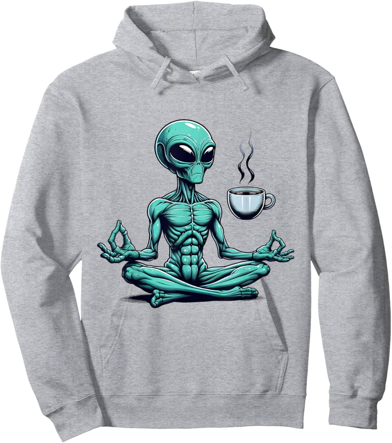 Alien Yoga With Coffee Mug UFO Lover Funny Meditate Poses Hoodie - Hoodie | Ash