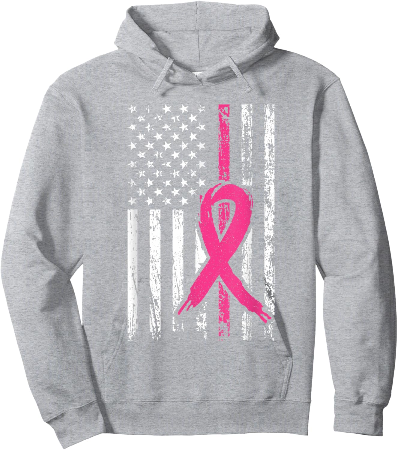 Pink Ribbon Retro USA American Flag Breast Cancer Awareness Hoodie - Hoodie | Ash